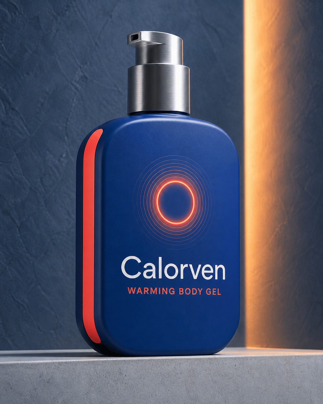 Calorven Warming Body Gel — dunkelblauer 150-ml-Pumpflakon mit korallenrotem Streifen und silbernem Pumpkopf